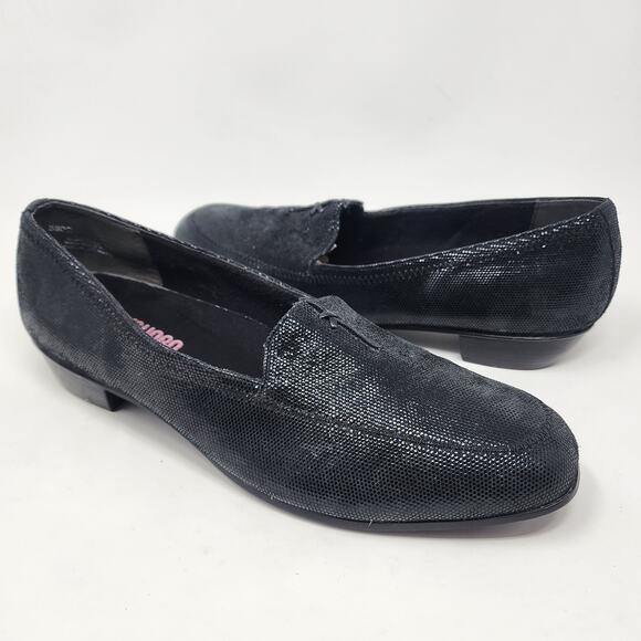 Munro Loafers Women 11 Wide Black Sheen Lizard Texture Low Rubber Heel 800080 - Picture 2 of 11